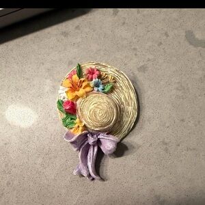 Straw Sun Hat Brooch with Lavender Bow and Multicolor Floral Accents